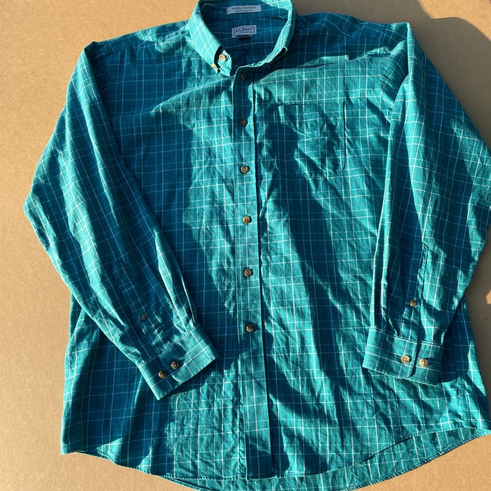 LL Bean Button Down Shirt Mens L Teal Plaid Casual Wrinkle Resistant Cotton